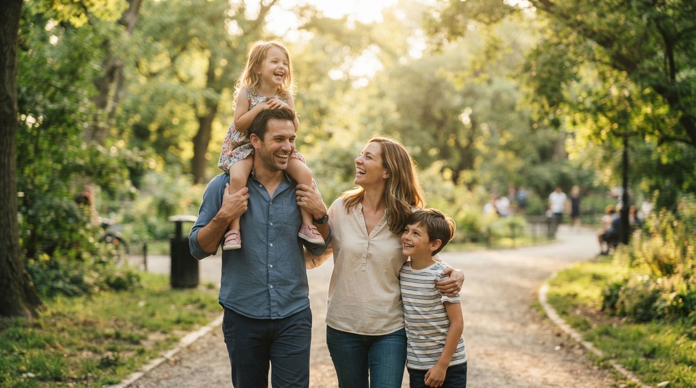 A young family walking together through a sunlit park