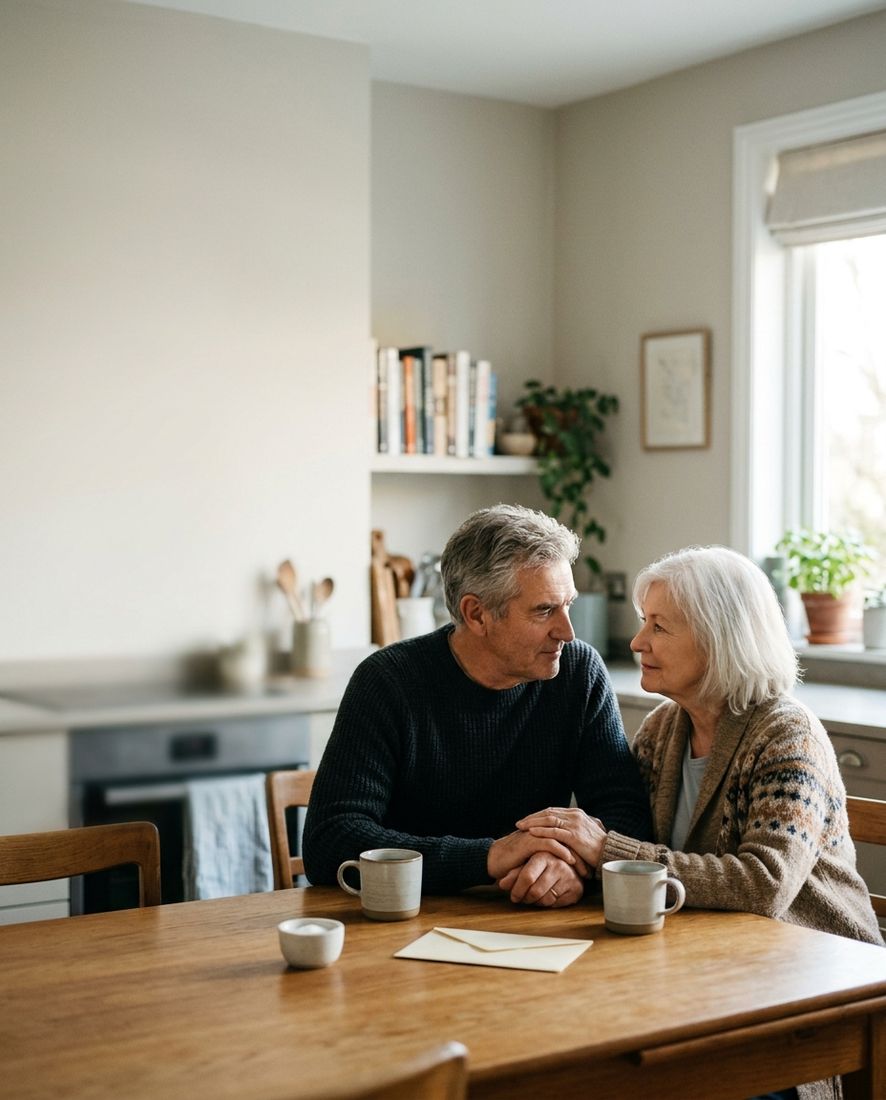 An older couple talking over coffee at their kitchen table